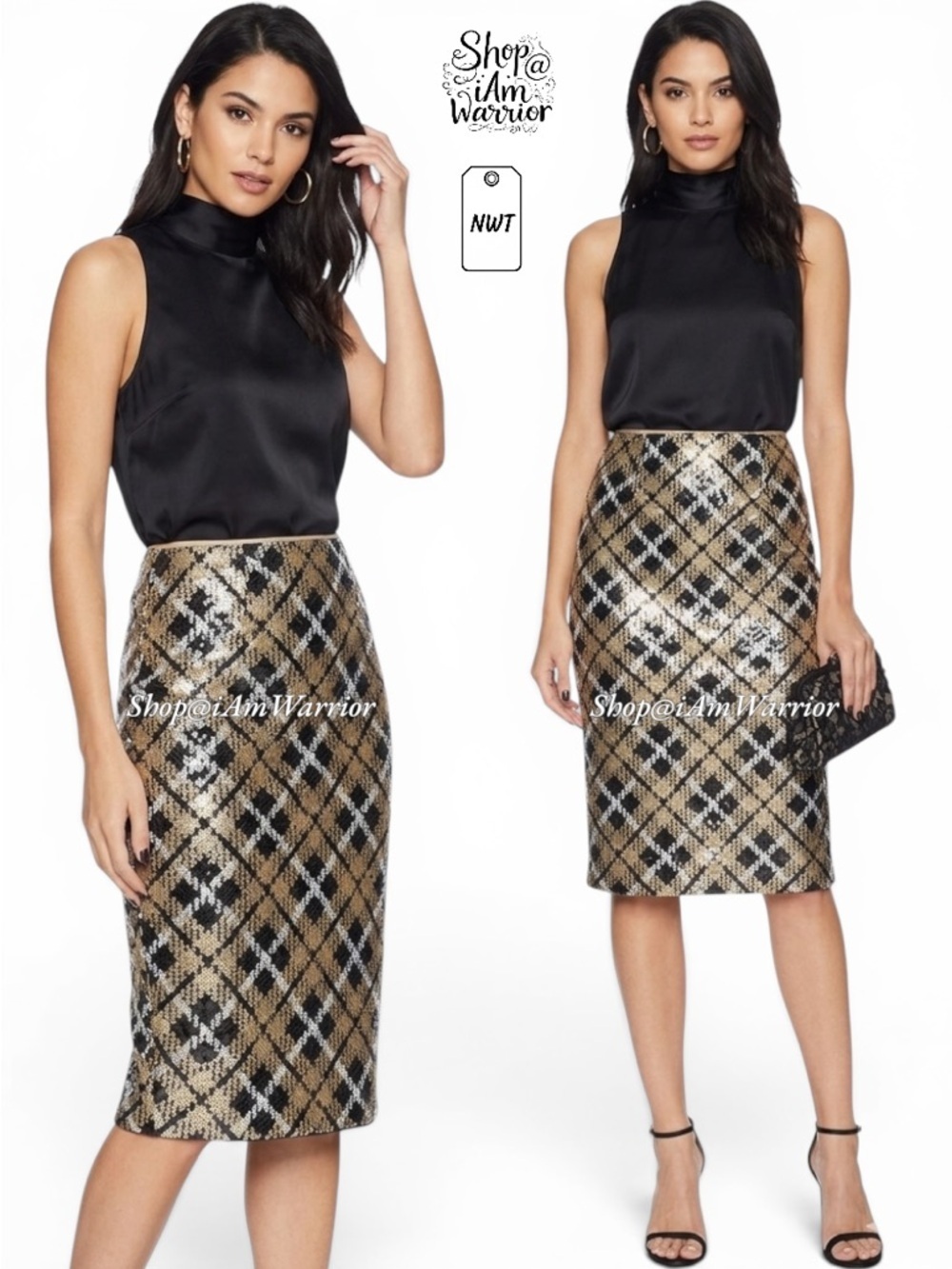 Eliza J. NWT black & gold argyle plaid pencil midi skirt *shop@iamwarrior
